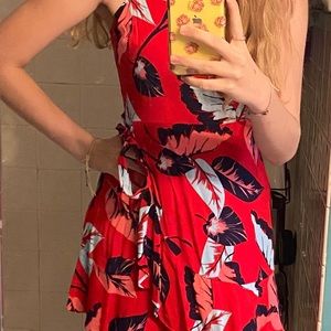 Tropical Printed Red Dress
